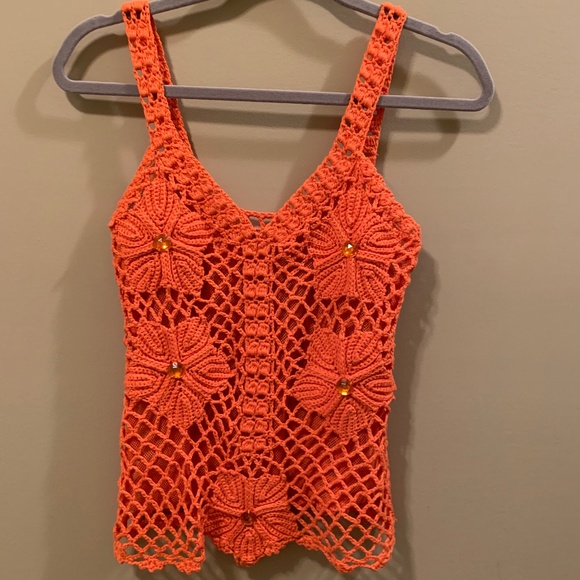 ORANGE CROCHET COTTON/SILK TOP - S? - Picture 1 of 14